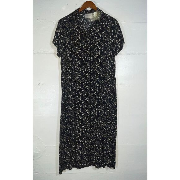 Vintage Erika Black Floral Short Sleeve Button Front Maxi Dress Grunge Everyday - Picture 2 of 9